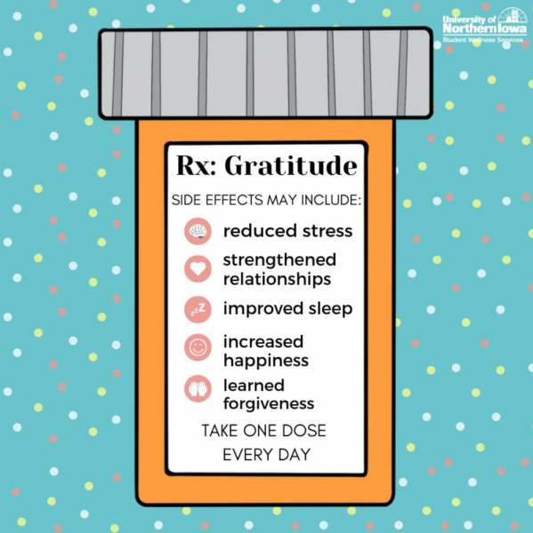 Pill bottle with text in middle that reads RX: Gratitude Side Effects May Include Reduce stress, strengthened relationships, improved sleep, increased happiness, learned forgiveness. 
