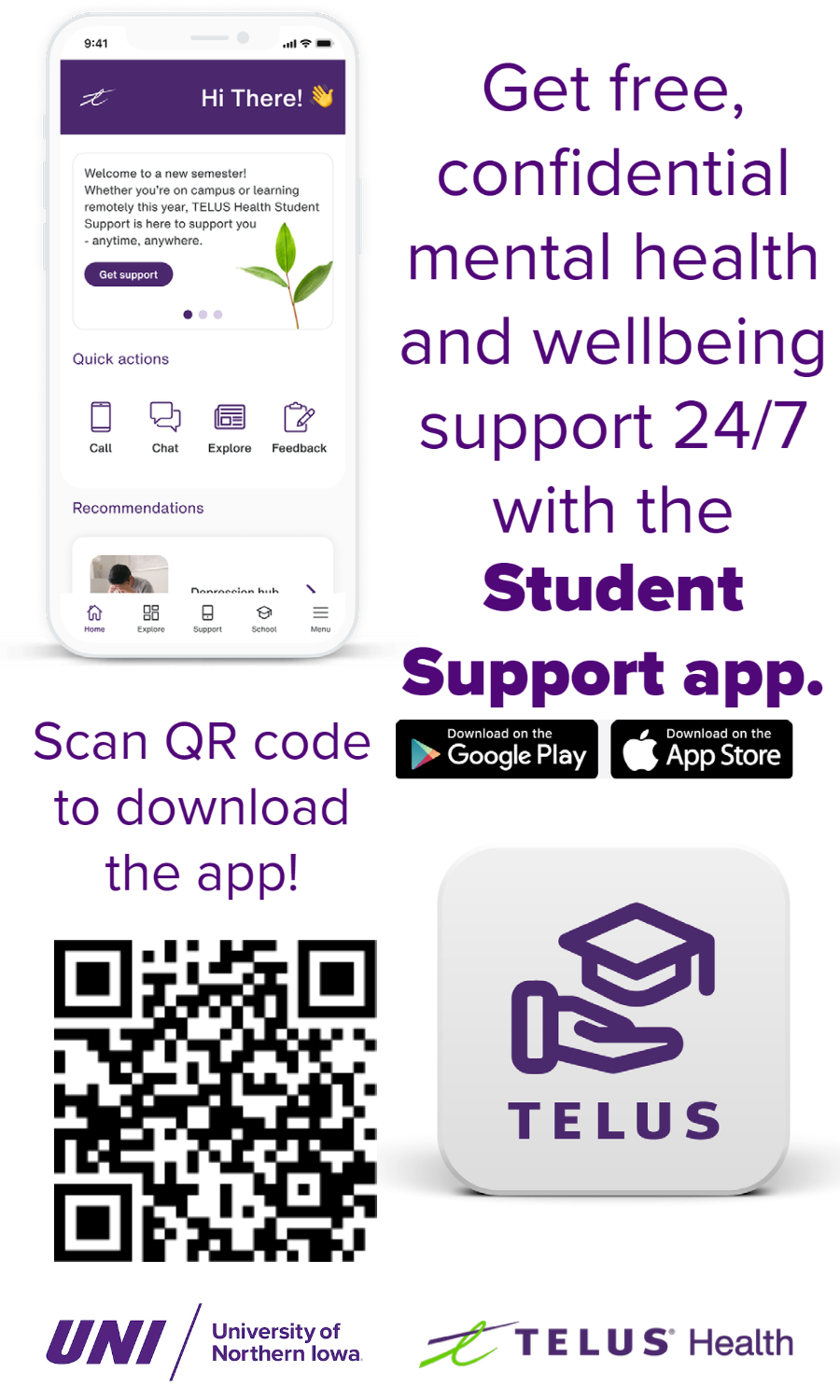 Get free, confidential mental health and wellbeing support 24/7 with the student support app. 